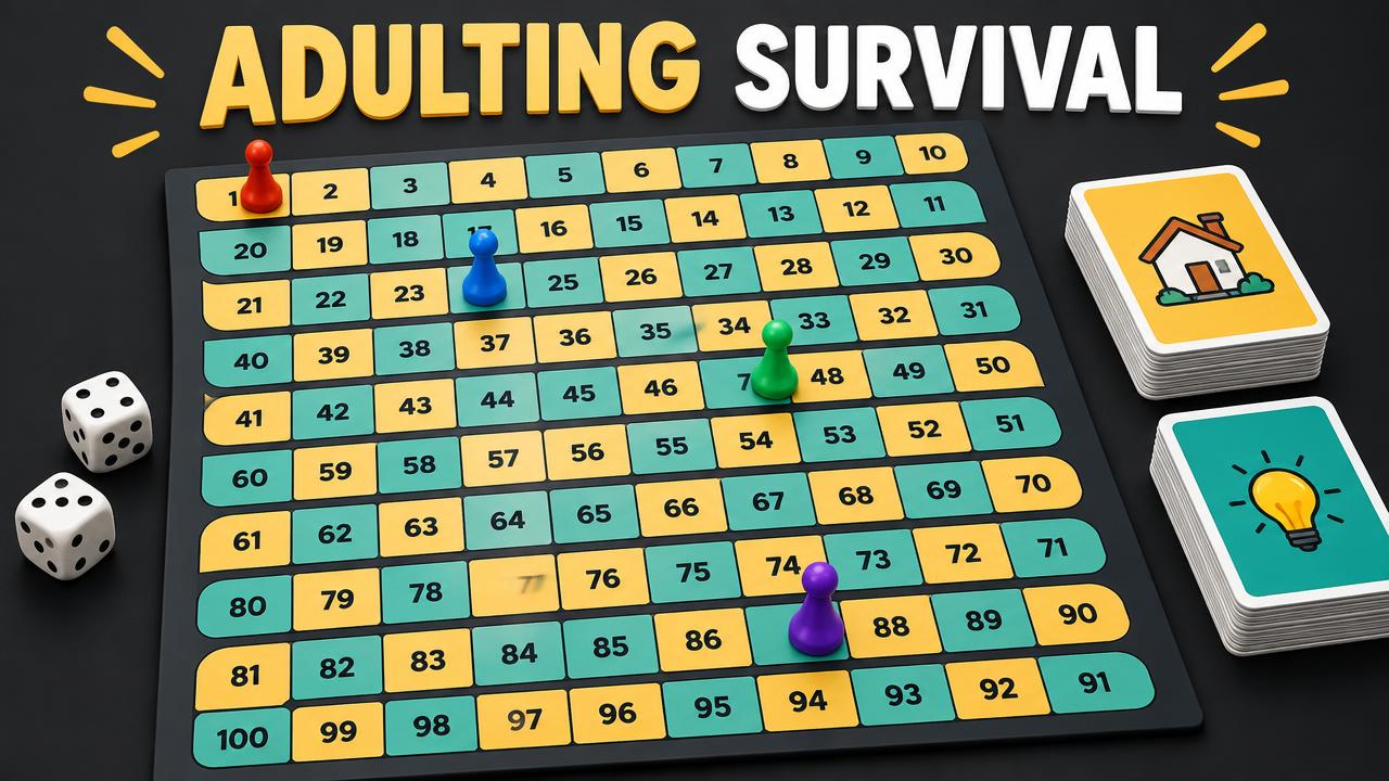 Adulting Survival board game with numbered squares, pawns, dice, and card decks