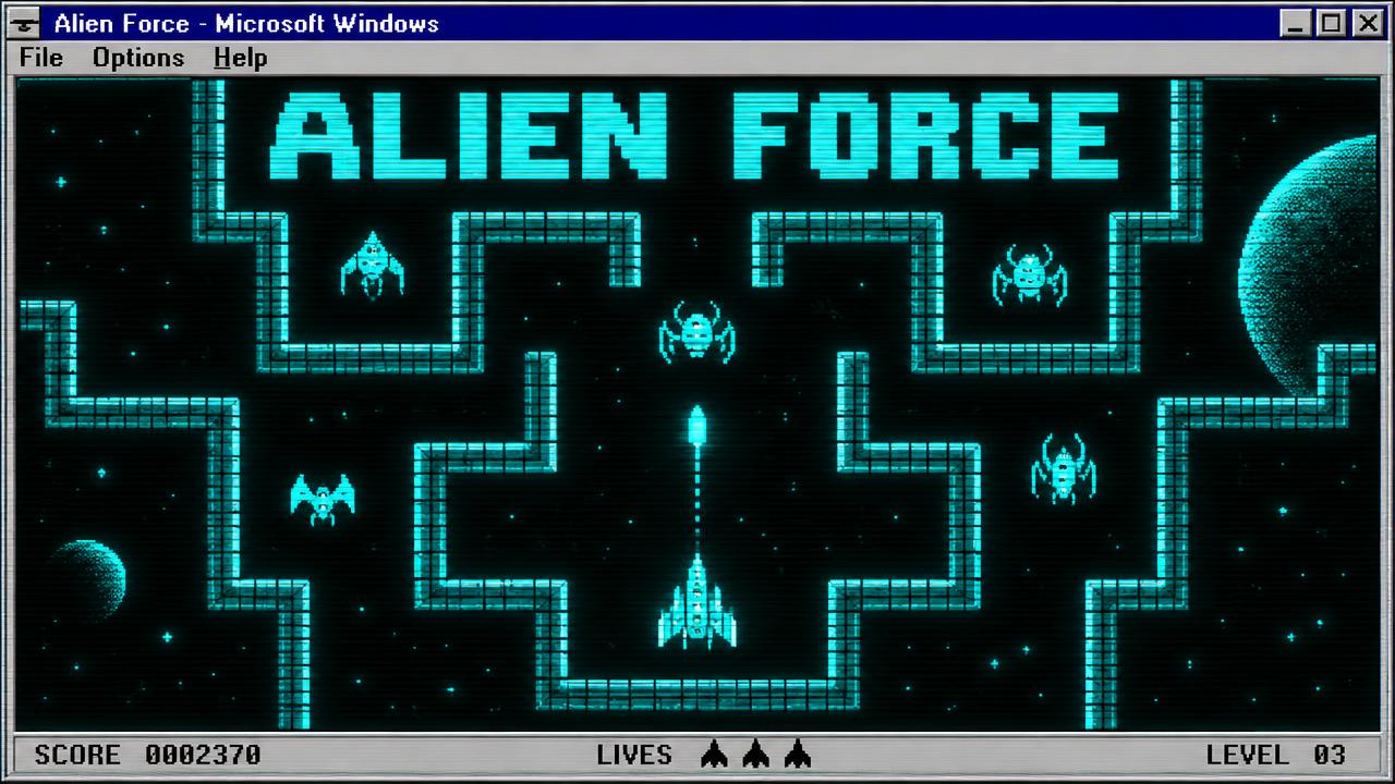 Retro pixel spaceship in a glowing cyan maze grid, from Alien Force Revisited